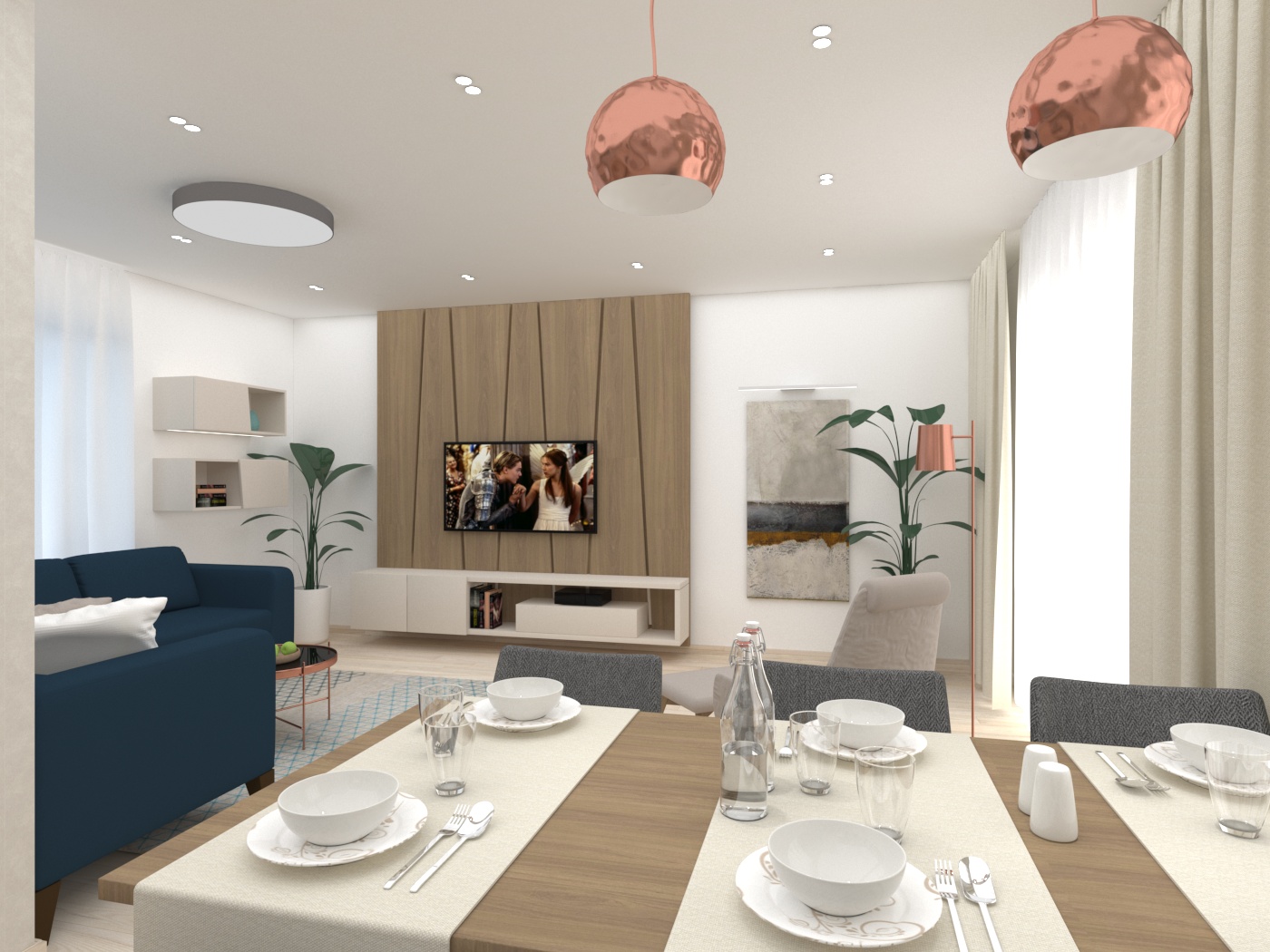 Dizajn interiéru obývačky, spálne a kuchyne