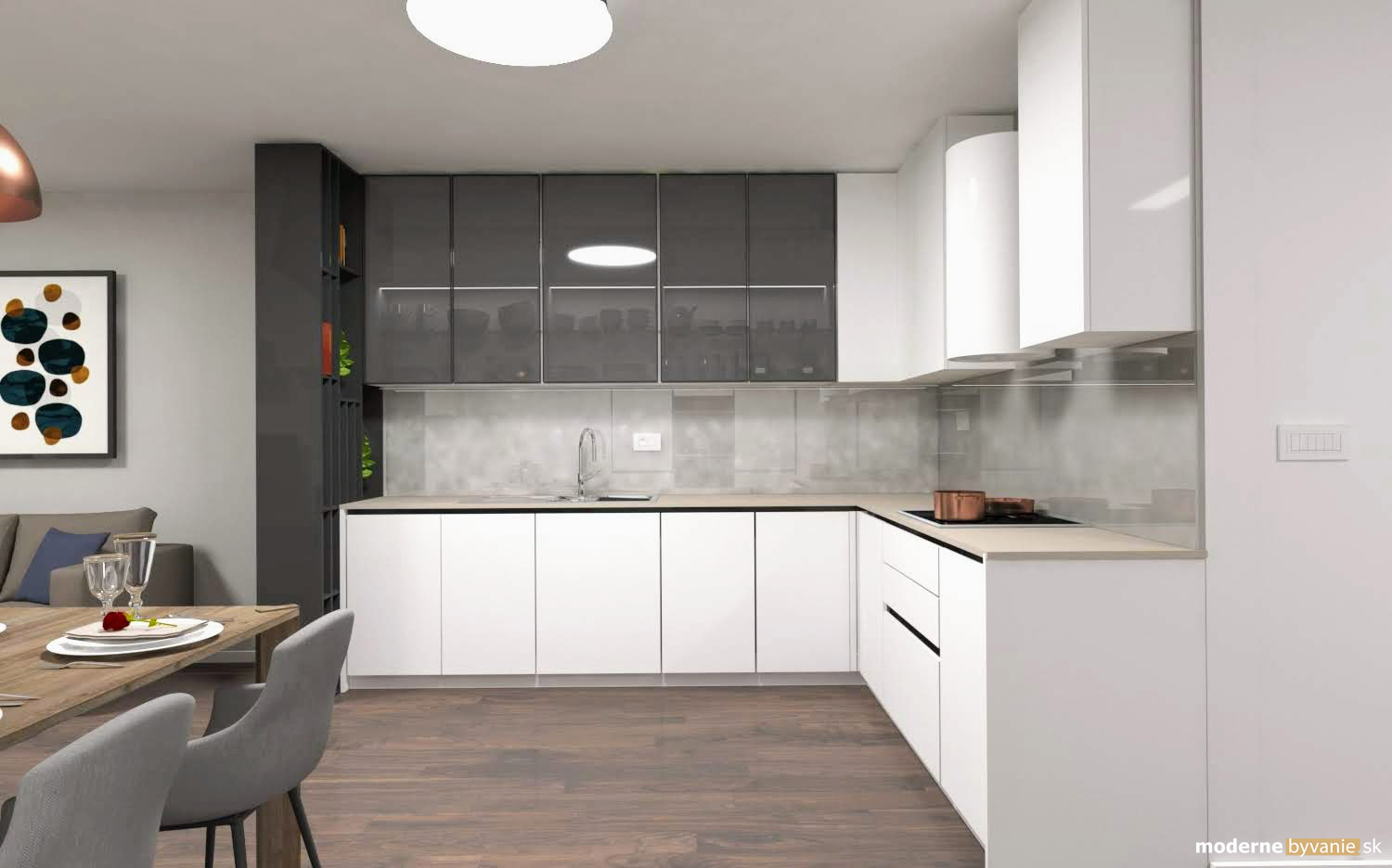 Návrh interiéru - Obývačka a kuchyňa -Luxusný interiér s medenými prvkami