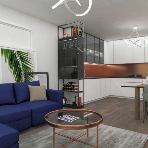 Návrh interiéru - Obývačka a kuchyňa -Luxusný interiér s medenými prvkami