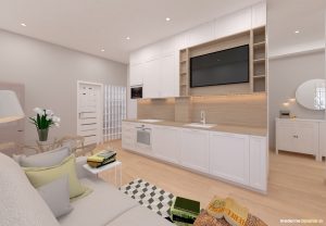 Návrh interiéru - Obývačka s kuchyňou - Bytový dizajn malého bytu s veľkou izbou